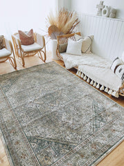 Abby Faded Green Taupe Medallion Traditional Turkish Rug - Lustere Living