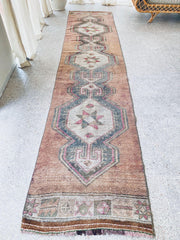 Amala Muted Blush Powder Blue Grey Turkish One of A Kind Accent Runner Rug - Lustere Living