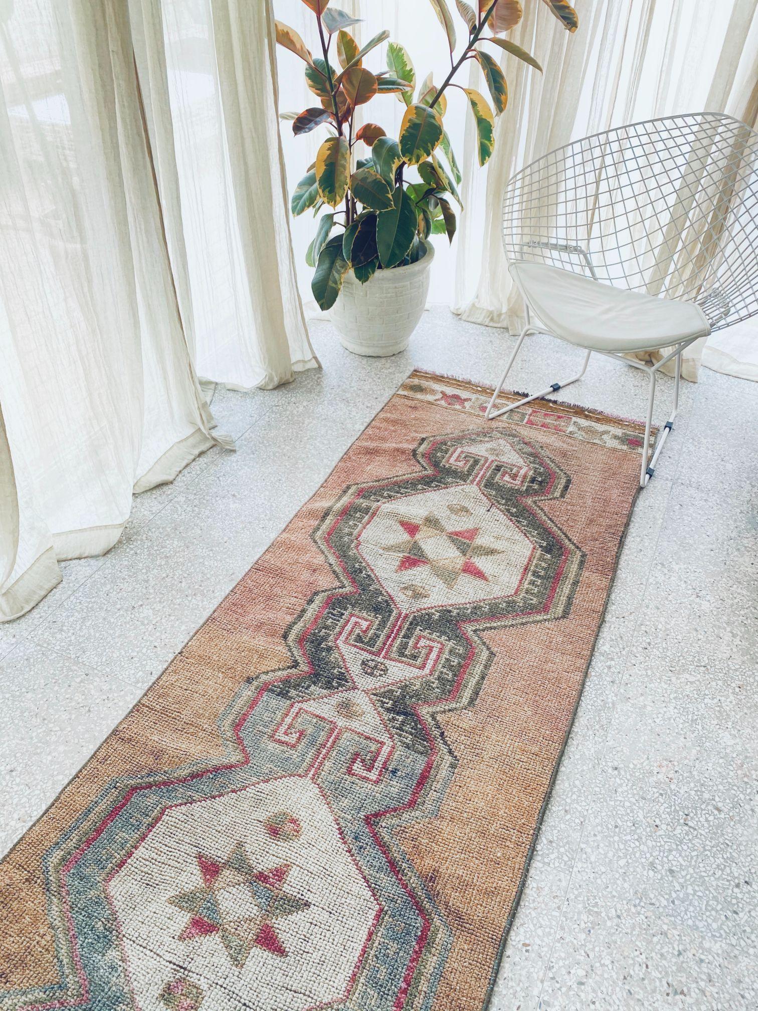 Amala Muted Blush Powder Blue Grey Turkish One of A Kind Accent Runner Rug - Lustere Living