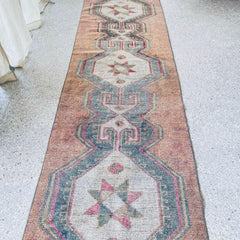 Amala Muted Blush Powder Blue Grey Turkish One of A Kind Accent Runner Rug - Lustere Living