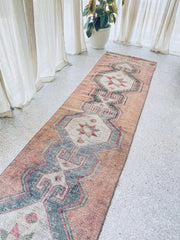 Amala Muted Blush Powder Blue Grey Turkish One of A Kind Accent Runner Rug - Lustere Living