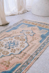Amar Mini Faded Coral Salmon Teal Turkish One of A Kind Door Mat Rug - Lustere Living