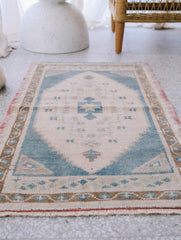 Andez Mini Pale Blush Teal Turkish One of A Kind Door Mat Rug - Lustere Living