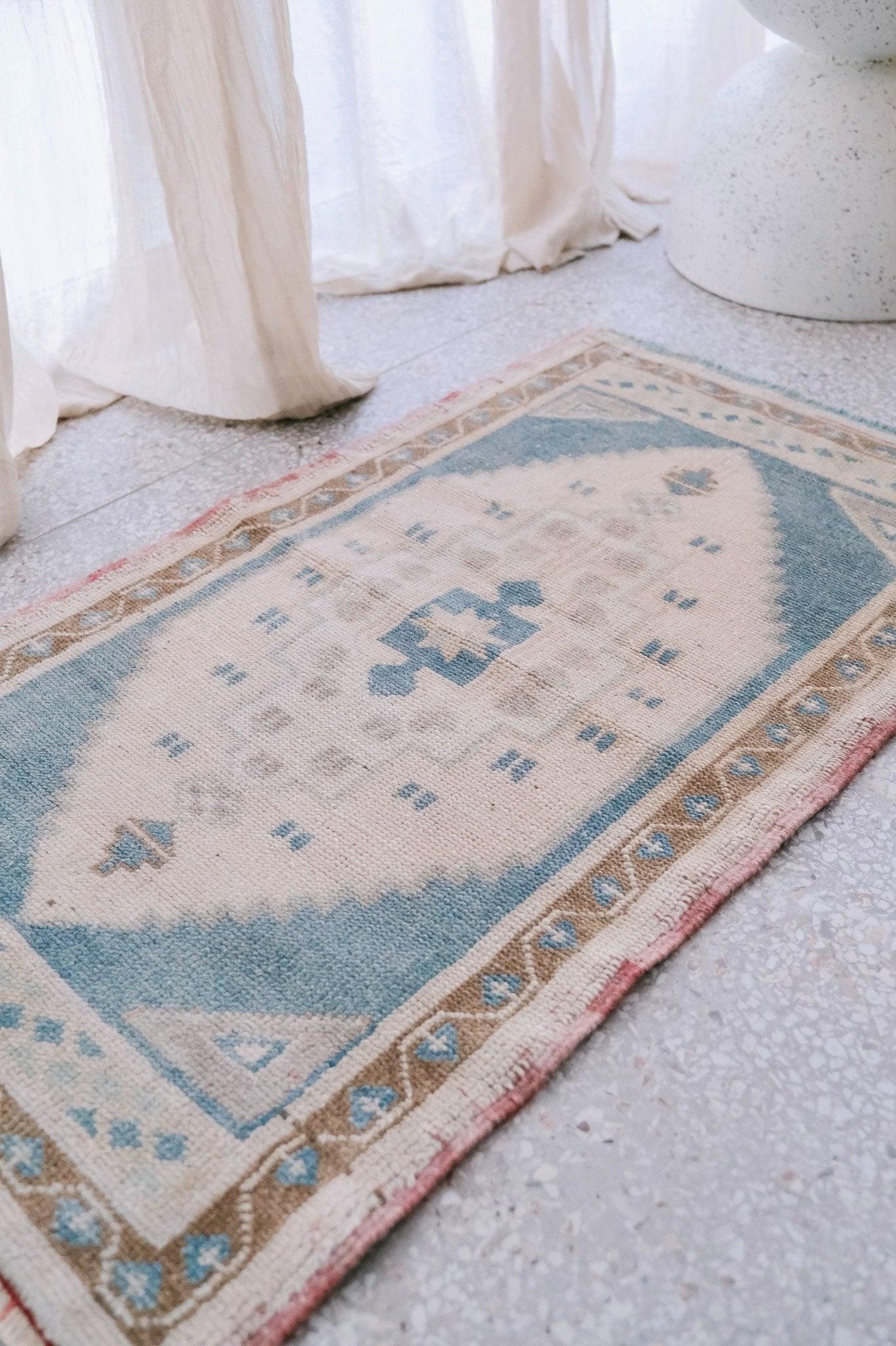 Andez Mini Pale Blush Teal Turkish One of A Kind Door Mat Rug - Lustere Living