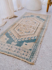 Annie Mini Soft Turquoise Beige Turkish One of A Kind Door Mat Rug - Lustere Living