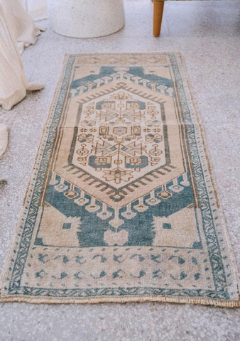 Annie Mini Soft Turquoise Beige Turkish One of A Kind Door Mat Rug - Lustere Living