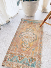 Carine Mini Faded Apricot Soft Teal Turkish One of A Kind Door Mat Rug - Lustere Living