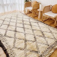 Chantel Thick Vintage Rare Beni Ourain Ivory Black Moroccan Wool Rug - Lustere Living