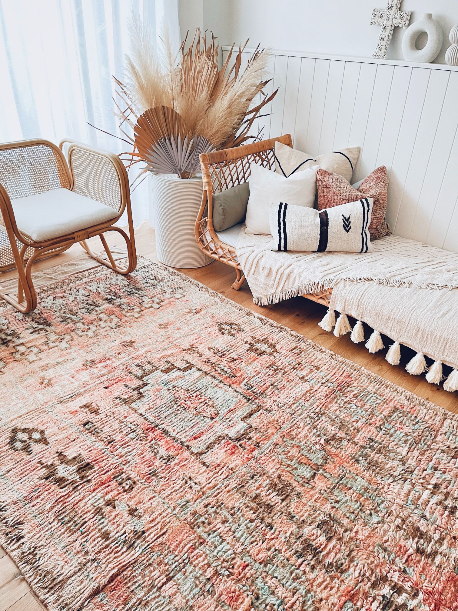Demi Faded Coral Seafoam Wool One Of A Kind Moroccan Rug - Lustere Living