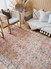 Elia Faded Blush Coral Powder Blue Floral Turkish Area Rug - Lustere Living