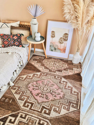 Hana Faded Brown Blush Handwoven Turkish Hallway Kitchen Runner Rug - Lustere Living