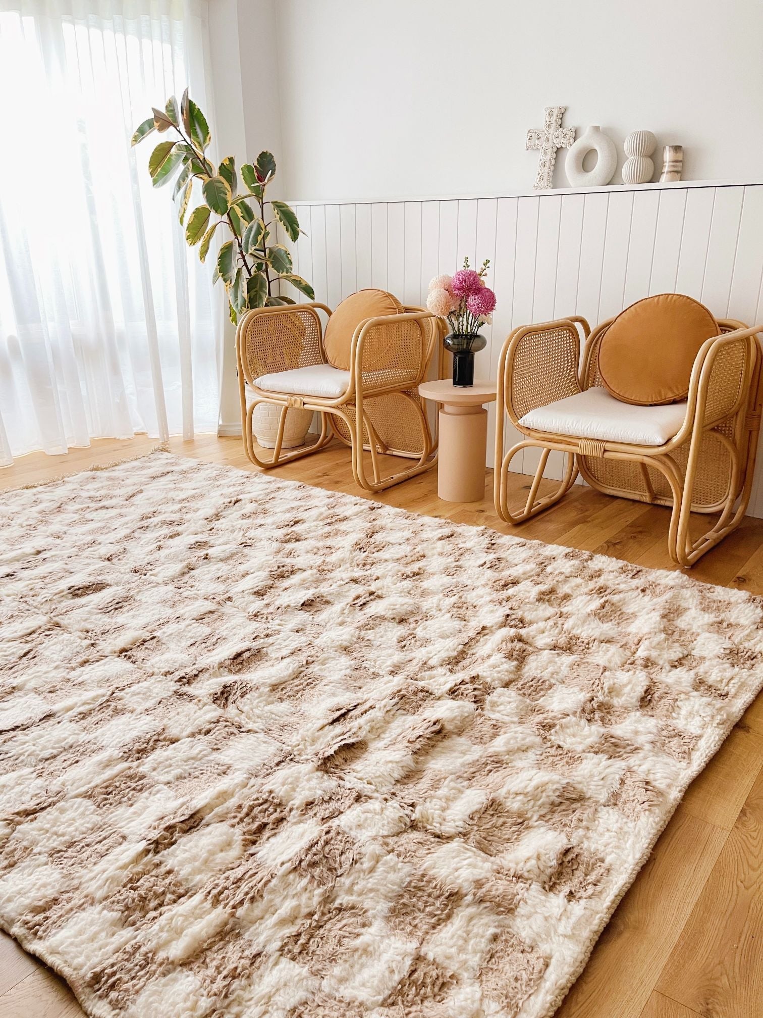 Ilyaz Ivory Taupe Checkered Soft Moroccan Area Wool Rug - Lustere Living