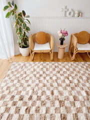 Ilyaz Ivory Taupe Checkered Soft Moroccan Area Wool Rug - Lustere Living