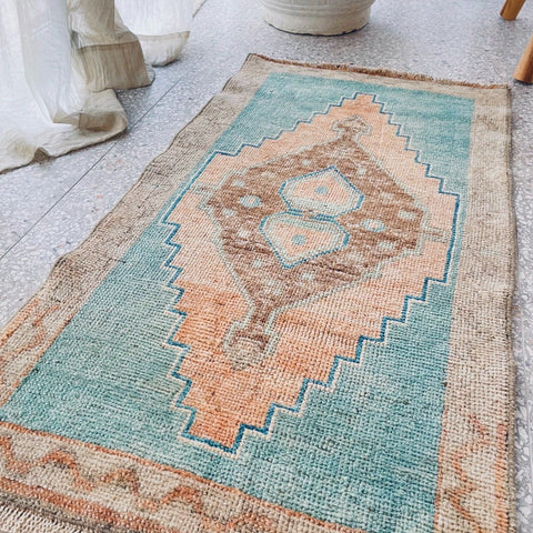 Ima Mini Soft Turquoise Peach Turkish One of A Kind Door Mat Rug - Lustere Living