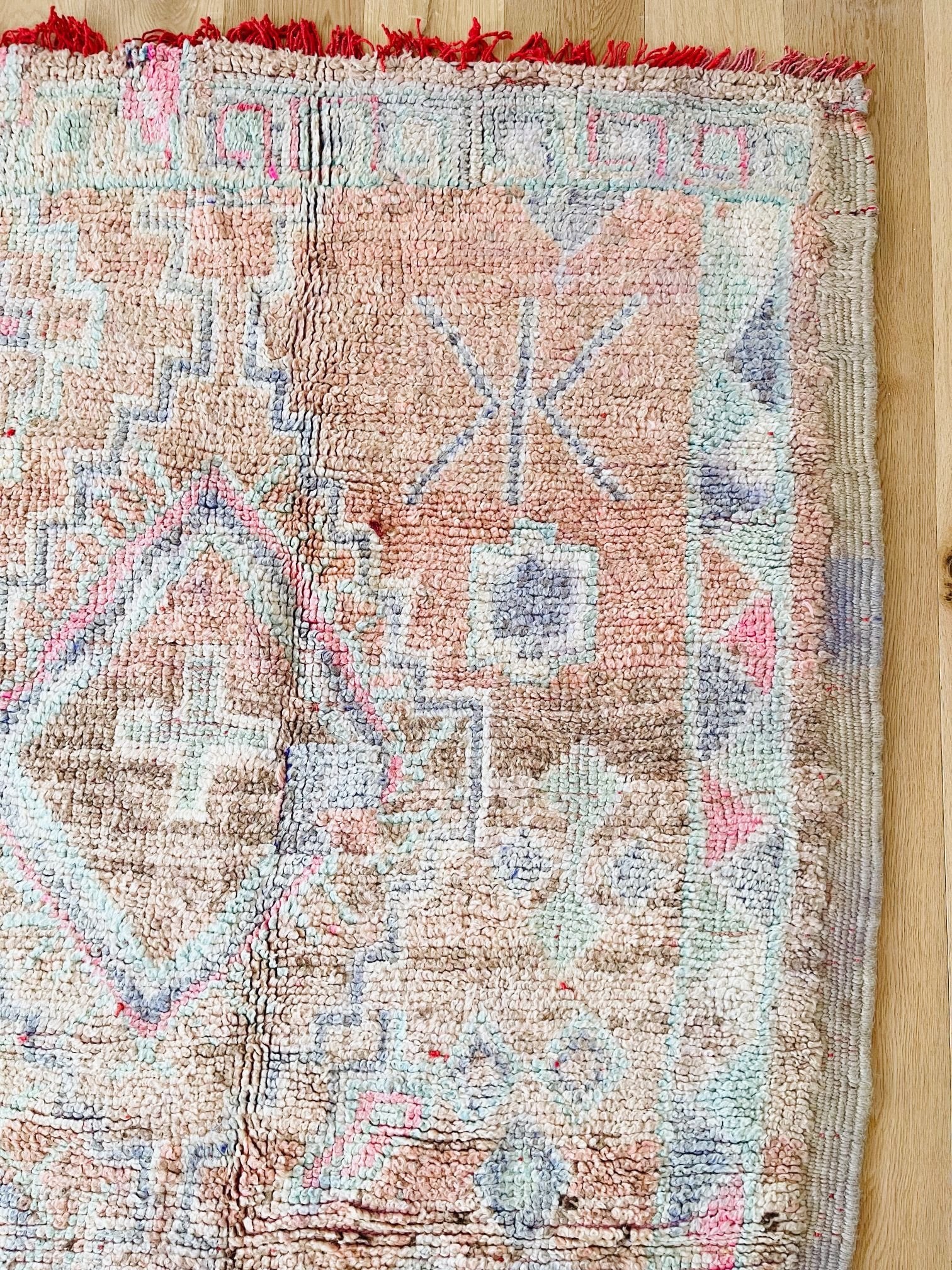 Jem Faded Peach Muted Sea Foam Tribal One Of A Kind Moroccan Rug - Lustere Living