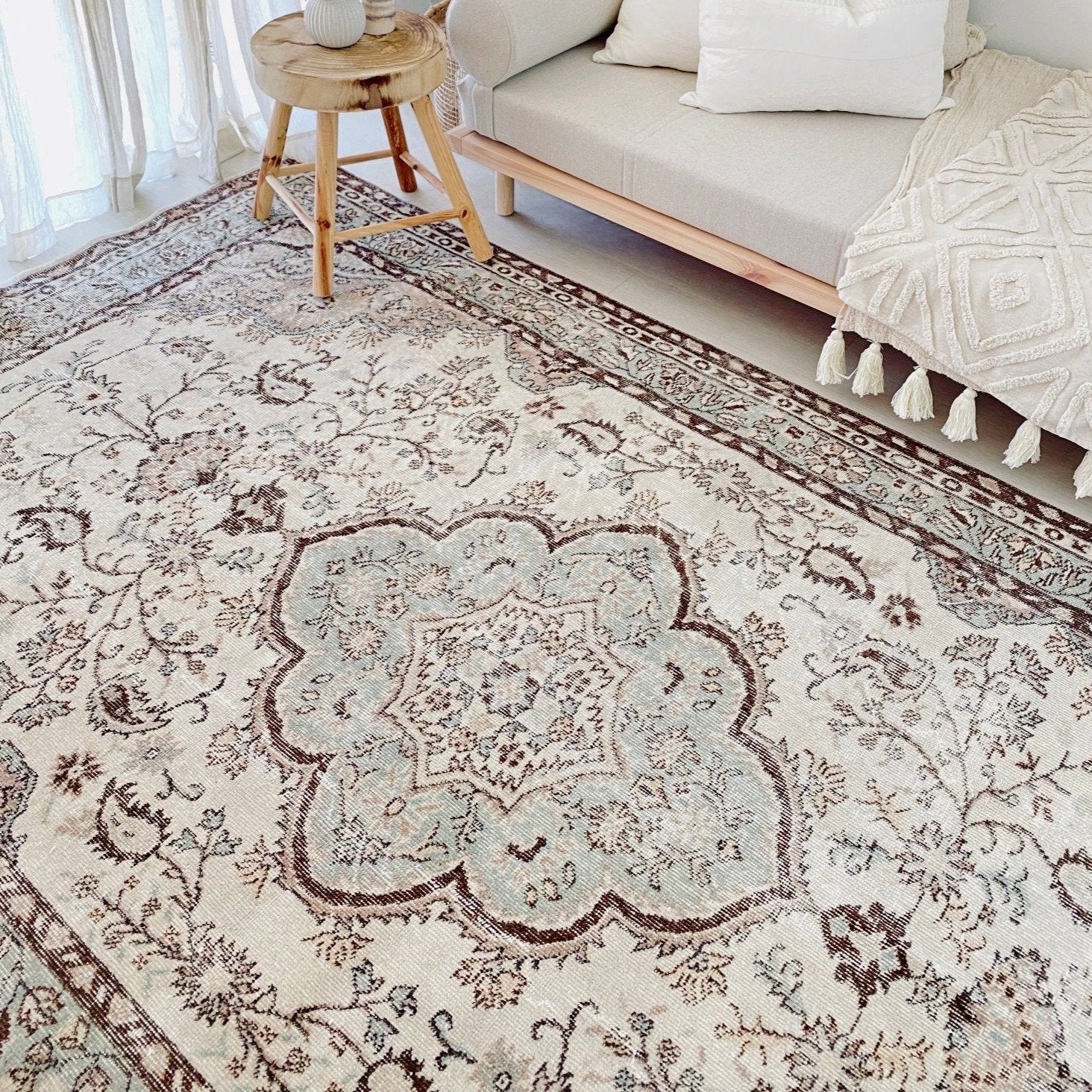 Joia Faded Brown Sage Medallion Bohemian Turkish Rug - Lustere Living