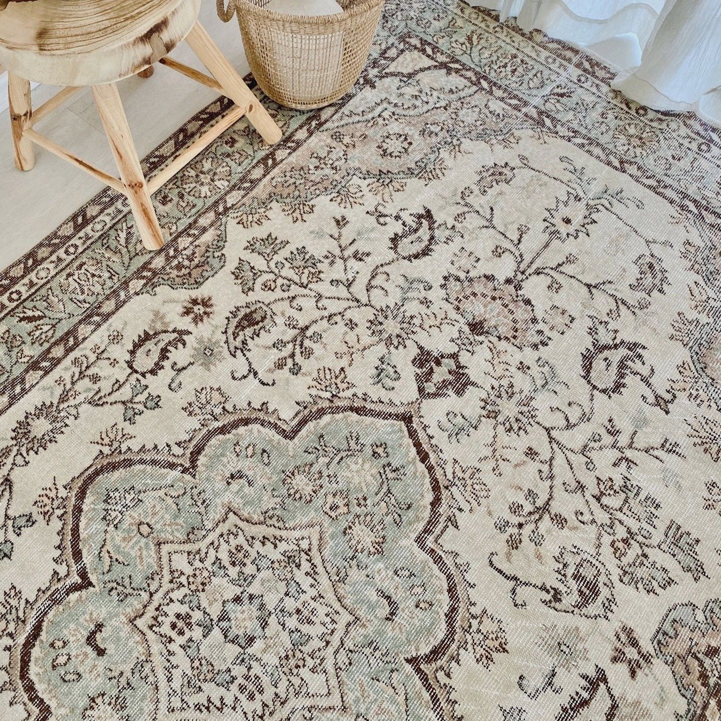 Joia Faded Brown Sage Medallion Bohemian Turkish Rug - Lustere Living