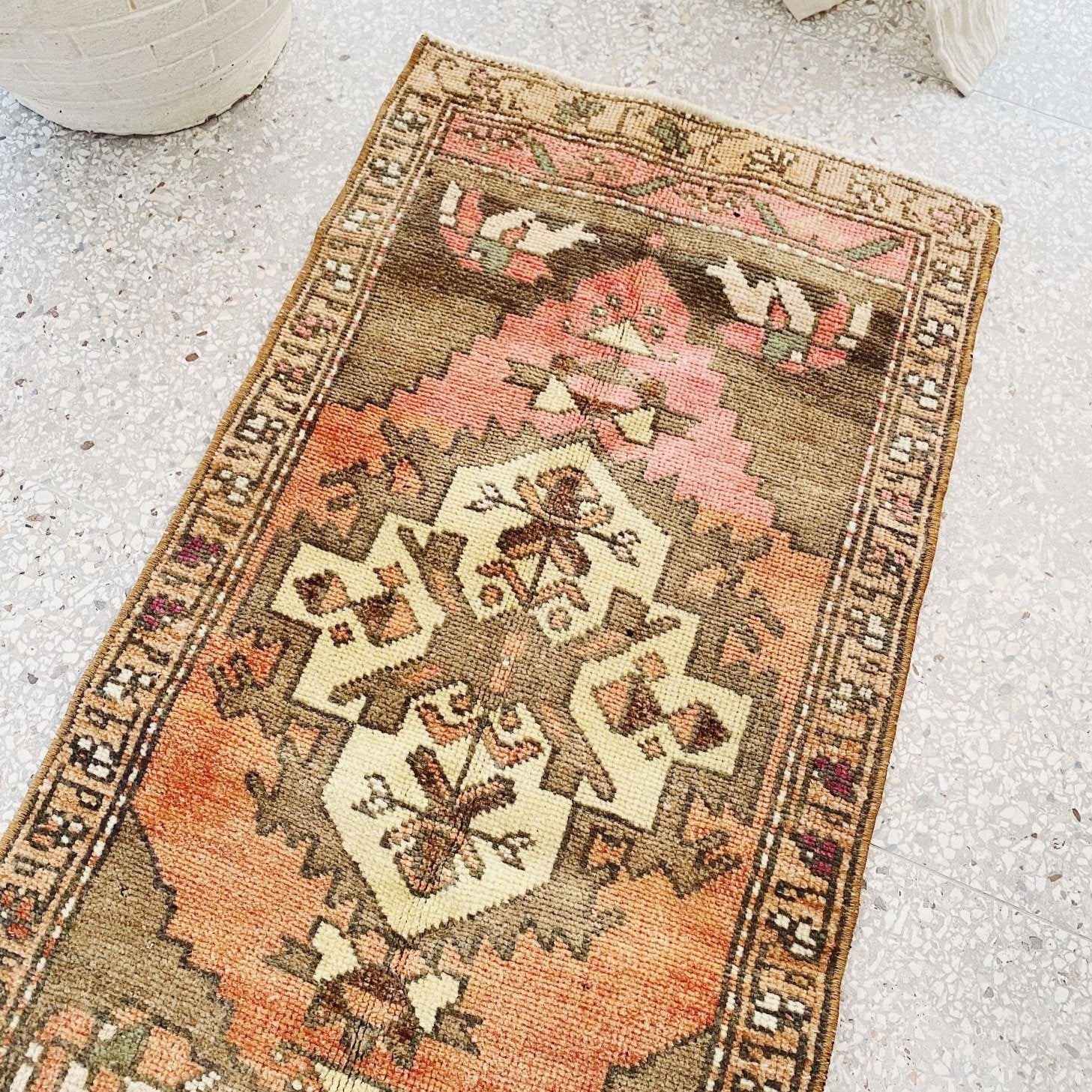 Kashi Mini Faded Brown Apricot Turkish One of A Kind Door Mat Rug - Lustere Living
