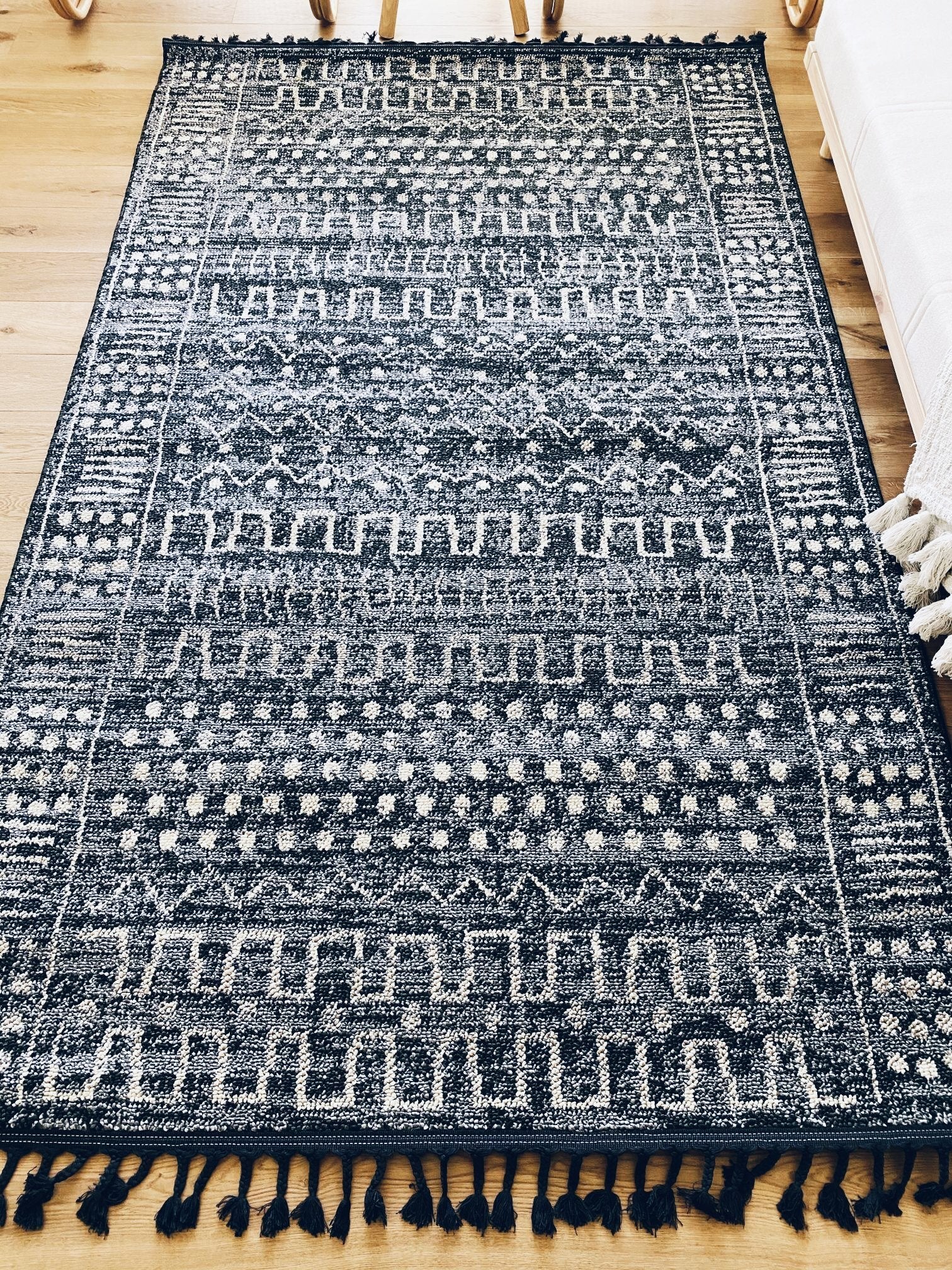 Khosa Soft Textured Navy Blue Grey Tribal Area Rug - Lustere Living