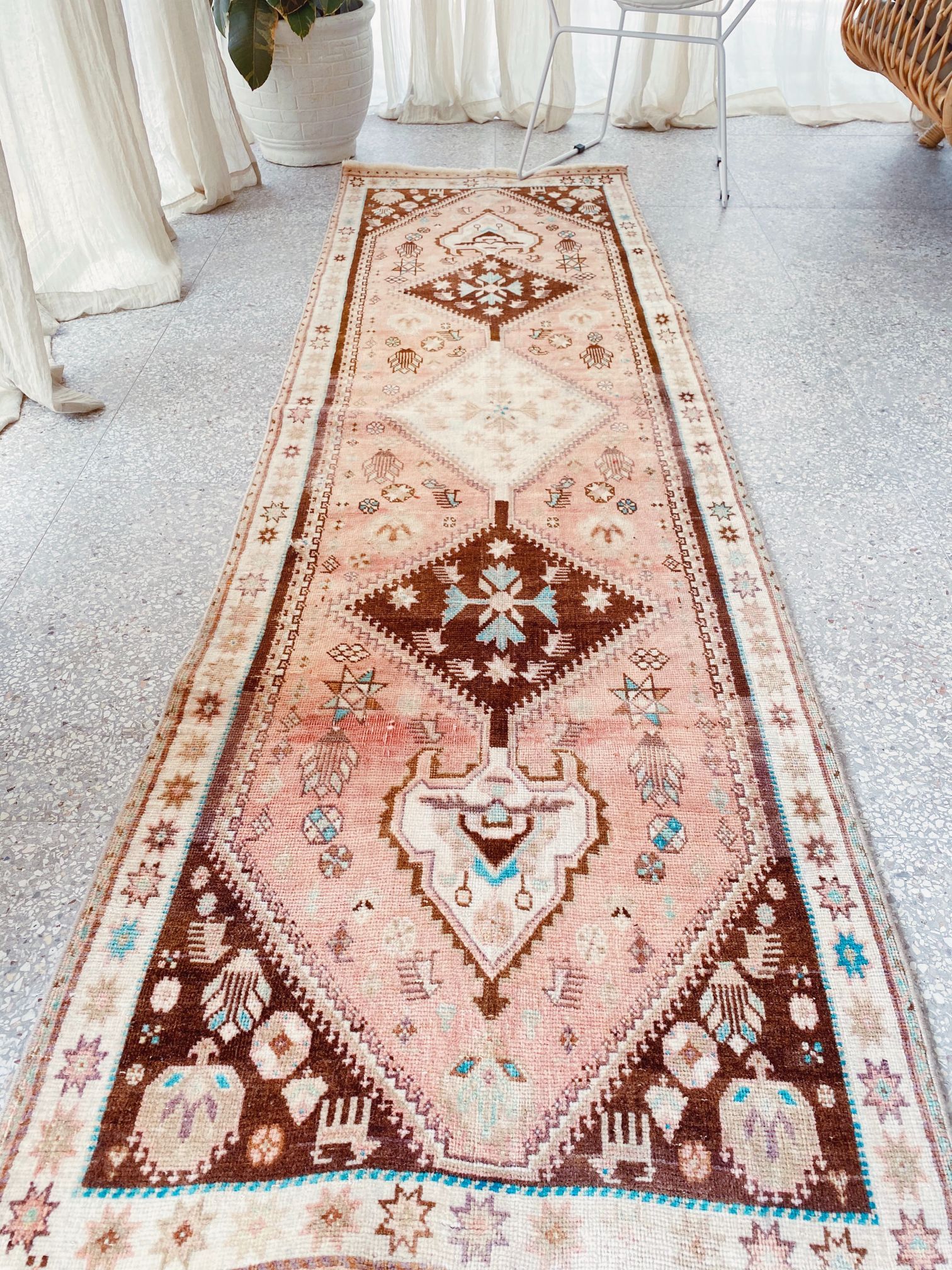 Leo Coral Blush Turquoise One of A Kind Thick Turkish Runner Rug - Lustere Living
