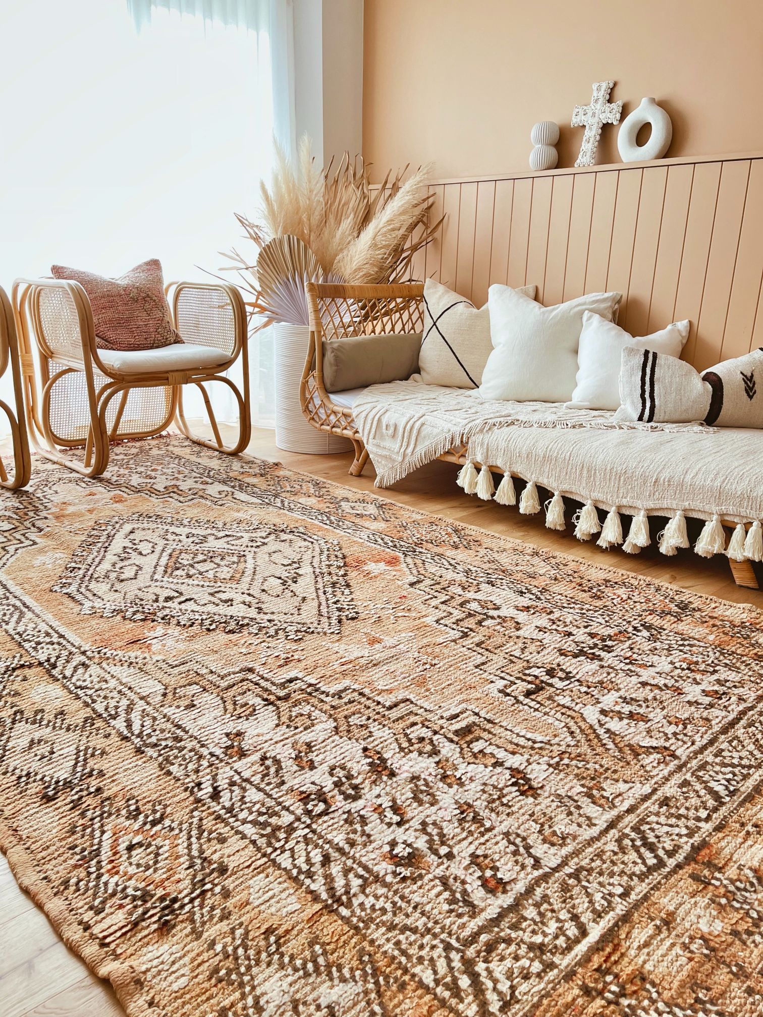 Loti Faded Ochre Apricot Medallion Moroccan Wool Bohemian Rug - Lustere Living