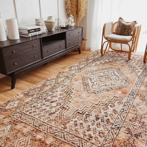 Loti Faded Ochre Apricot Medallion Moroccan Wool Bohemian Rug - Lustere Living