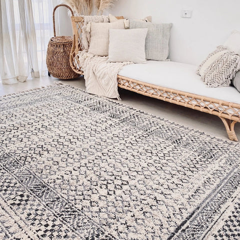 Mardin Soft Textured Navy Grey Ivory Tribal Area Rug - Lustere Living