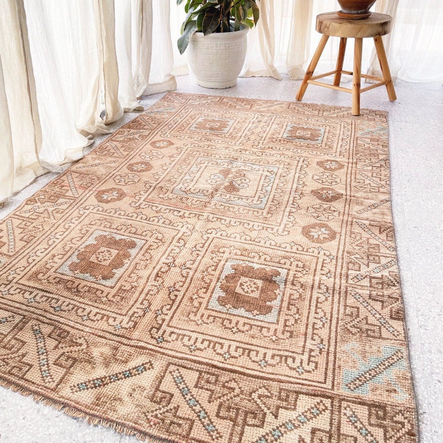Miaz Faded Soft Taupe Blush Muted Blue Turkish One of A Kind Accent Rug - Lustere Living