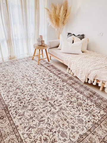 Mirale Faded Dark Brown Floral Turkish Rug - Lustere Living