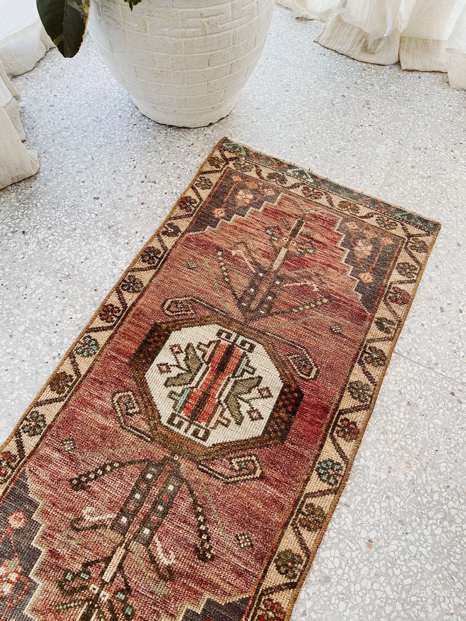 Olia Mini Faded Red Wine Turkish One of A Kind Door Mat Rug - Lustere Living