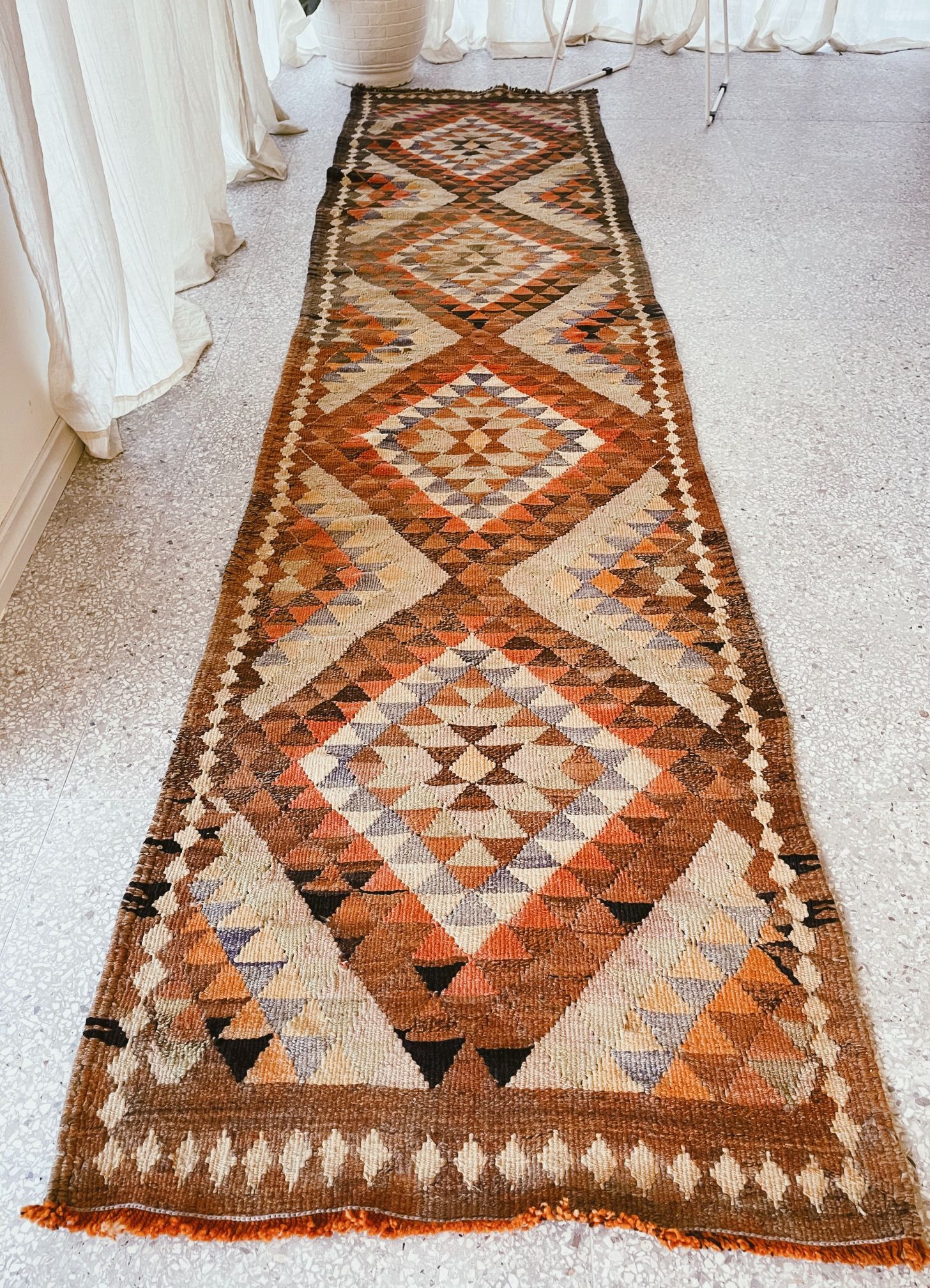 Ozu Brown Ochre Turkish Vintage Kilim Hallway Corridor Runner Kitchen Rug - Lustere Living