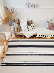 Ramy Neutral Ivory Black Stripe Cotton Flat Woven Rug - Lustere Living