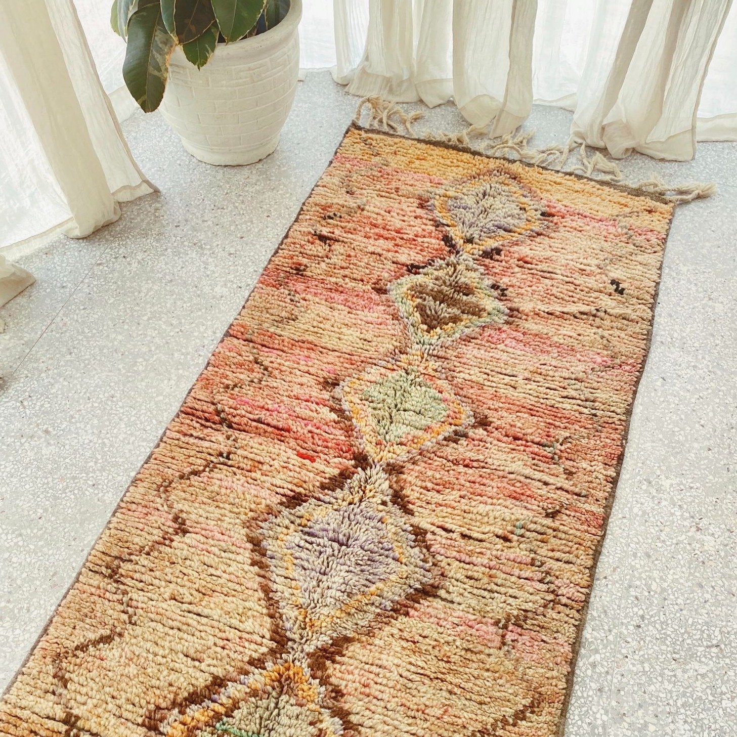 Sabri Faded Peach Blush One of a Kind Moroccan Wool Runner Rug - Lustere Living