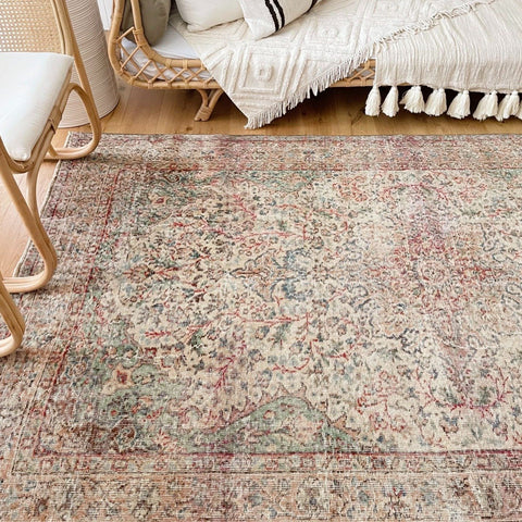 Saleh Faded Emerald Creme Raspberry Floral Turkish Area Accent Rug - Lustere Living