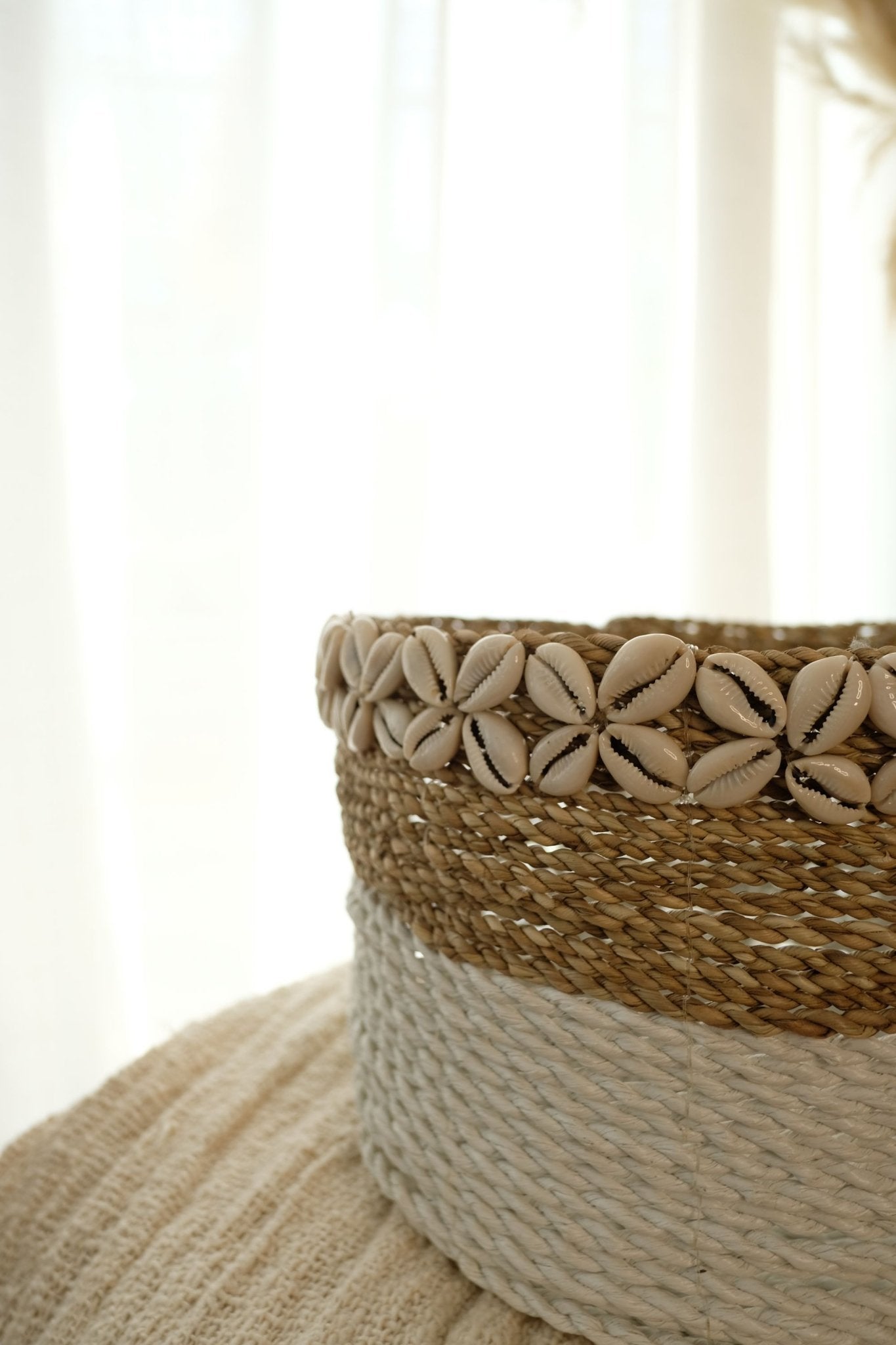 SET OF 3 SHELL NATURAL WHITE ROUND WICKER BASKETS COASTAL DECOR - Lustere Living