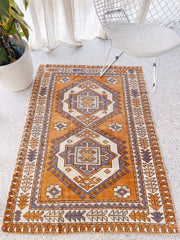 Shamu Orange Steel Blue Geometric Turkish Accent Mini Rug - Lustere Living