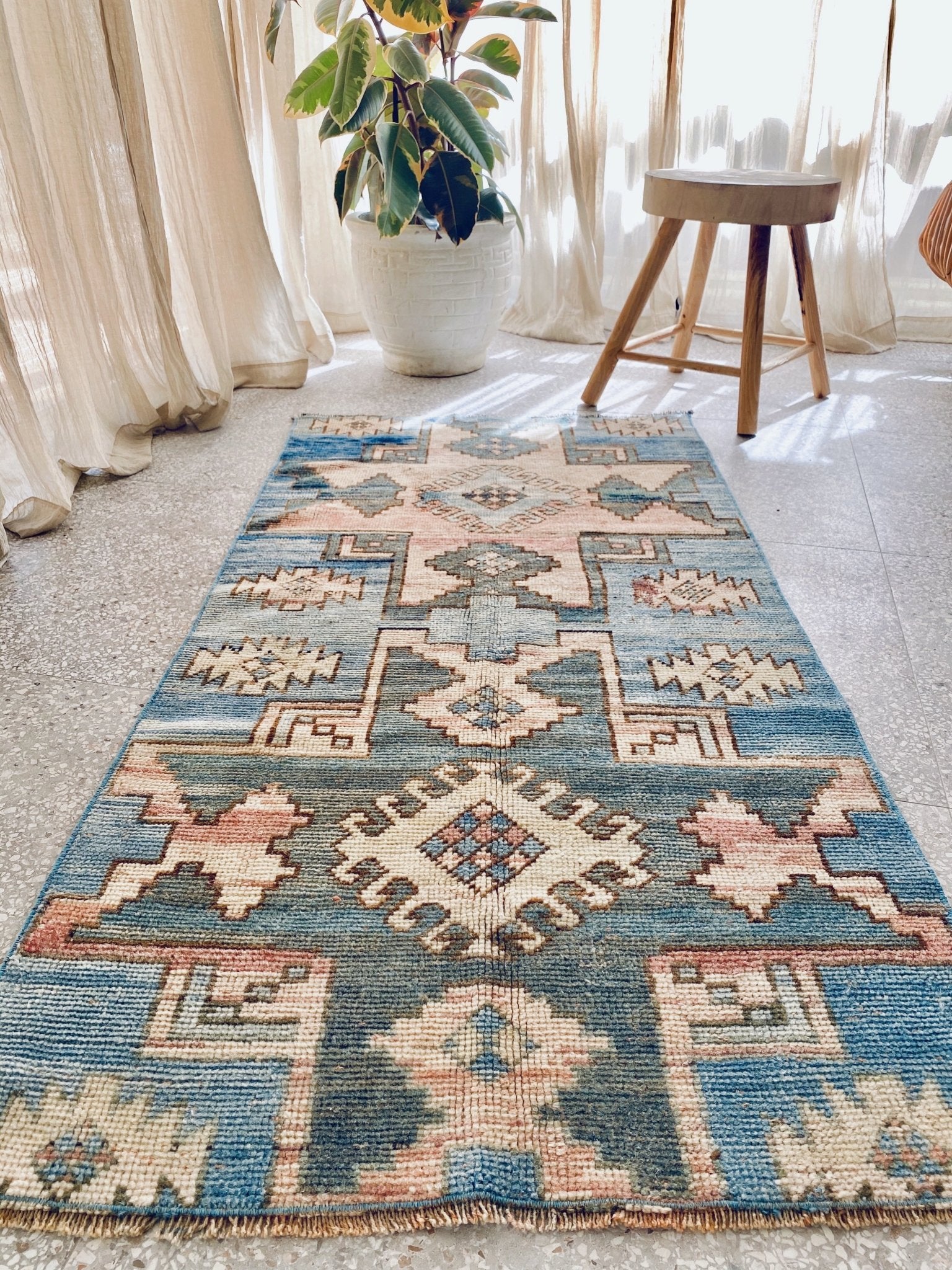 Shea Sky Blue Medallion Turkish One of A Kind Accent Runner Rug - Lustere Living