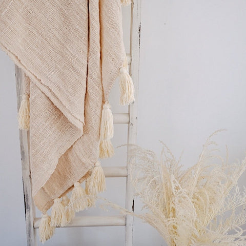 Sheila Natural Ivory Throw Tassels Summer Blanket - Lustere Living