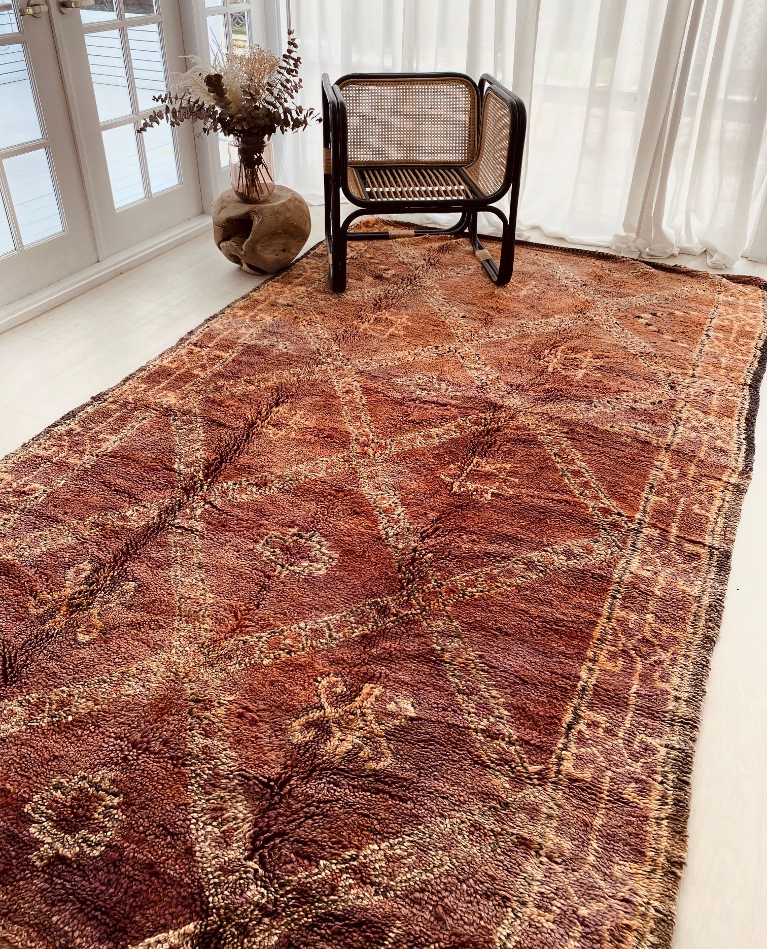 Shera Faded Burgundy Ochre Trellis One of A Kind Moroccan Wool Rug - Lustere Living