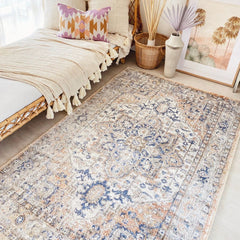 Silva Faded Apricot Blue Turkish Accent Nursery Rug - Lustere Living