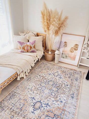 Silva Faded Apricot Blue Turkish Accent Nursery Rug - Lustere Living