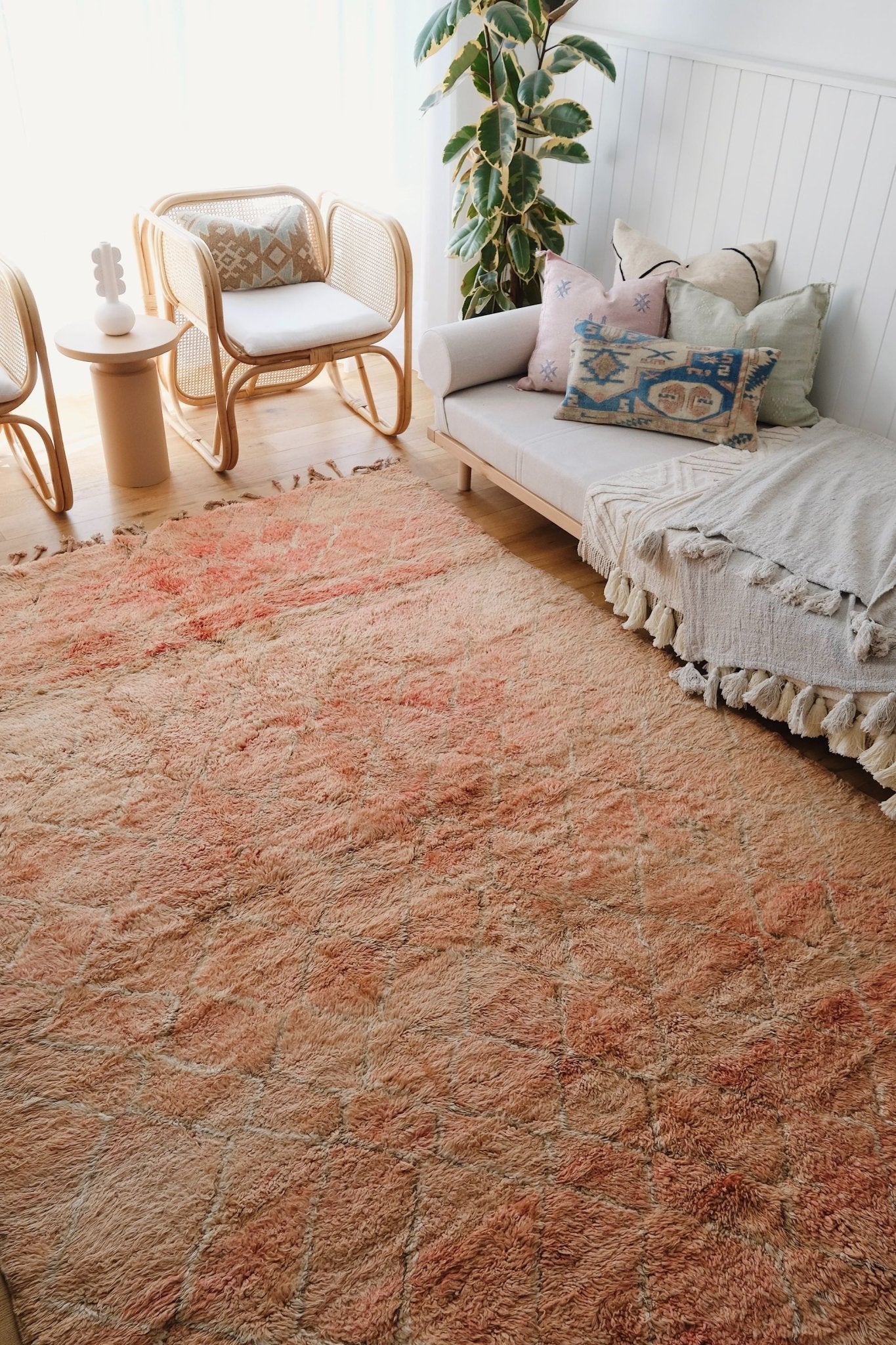 Sukhi Vintage Faded Coral Apricot One of A Kind Moroccan Rug - Lustere Living