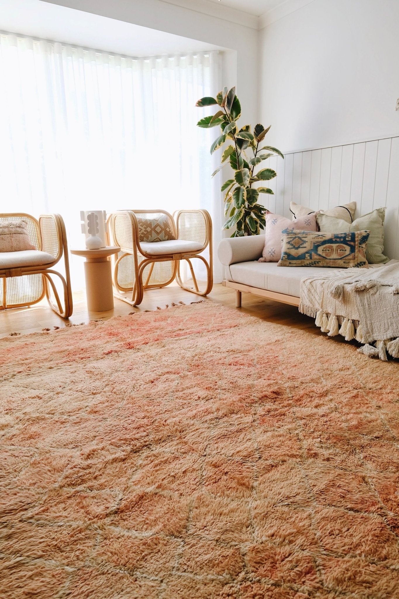 Sukhi Vintage Faded Coral Apricot One of A Kind Moroccan Rug - Lustere Living