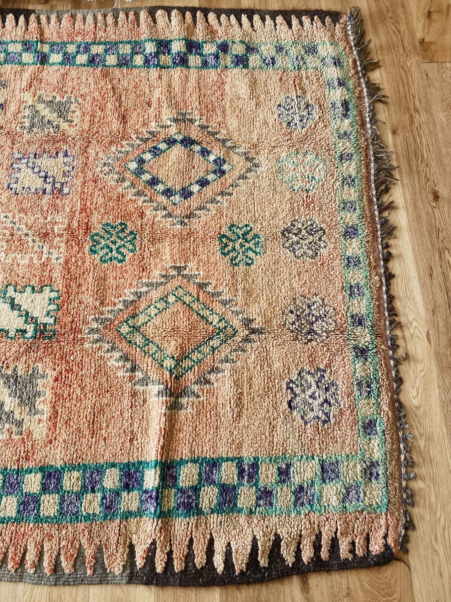 Zayn Faded Peach Sea Foam Tribal One of A Kind Moroccan Wool Rug - Lustere Living