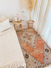 Zuma Vintage Faded Apricot Iris Blue Muted Bedside Runner Rug - Lustere Living